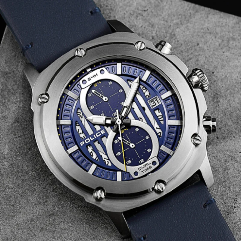 

Men's top luxury police watches men's waterproof leather buckle wristwatch multi-functional 24 hour calendar watch for men