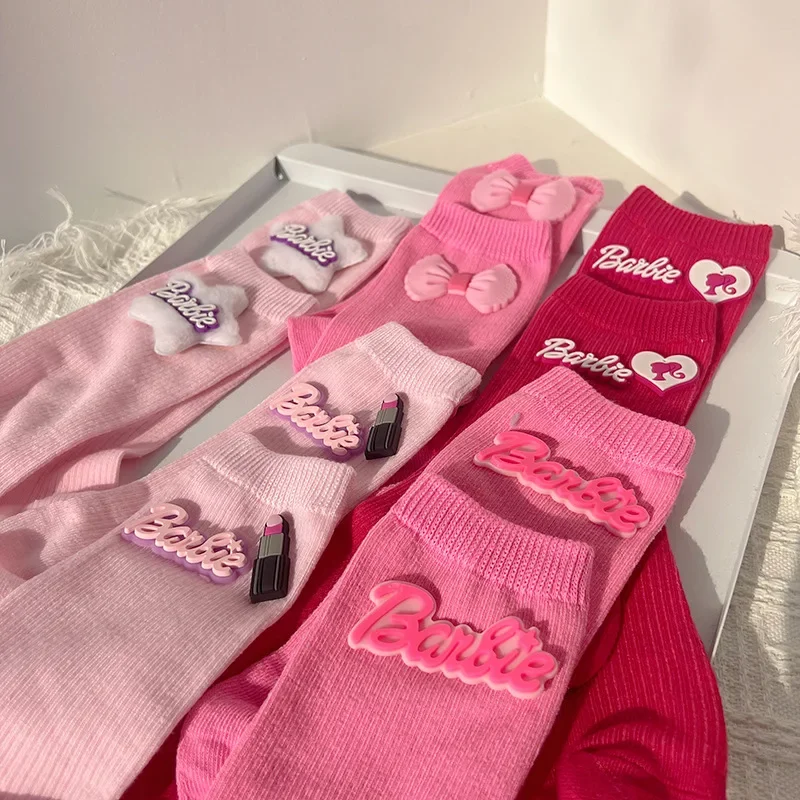 Носки Barbie Crew для девочек кавайные вязаные чулки до середины икры с розовым