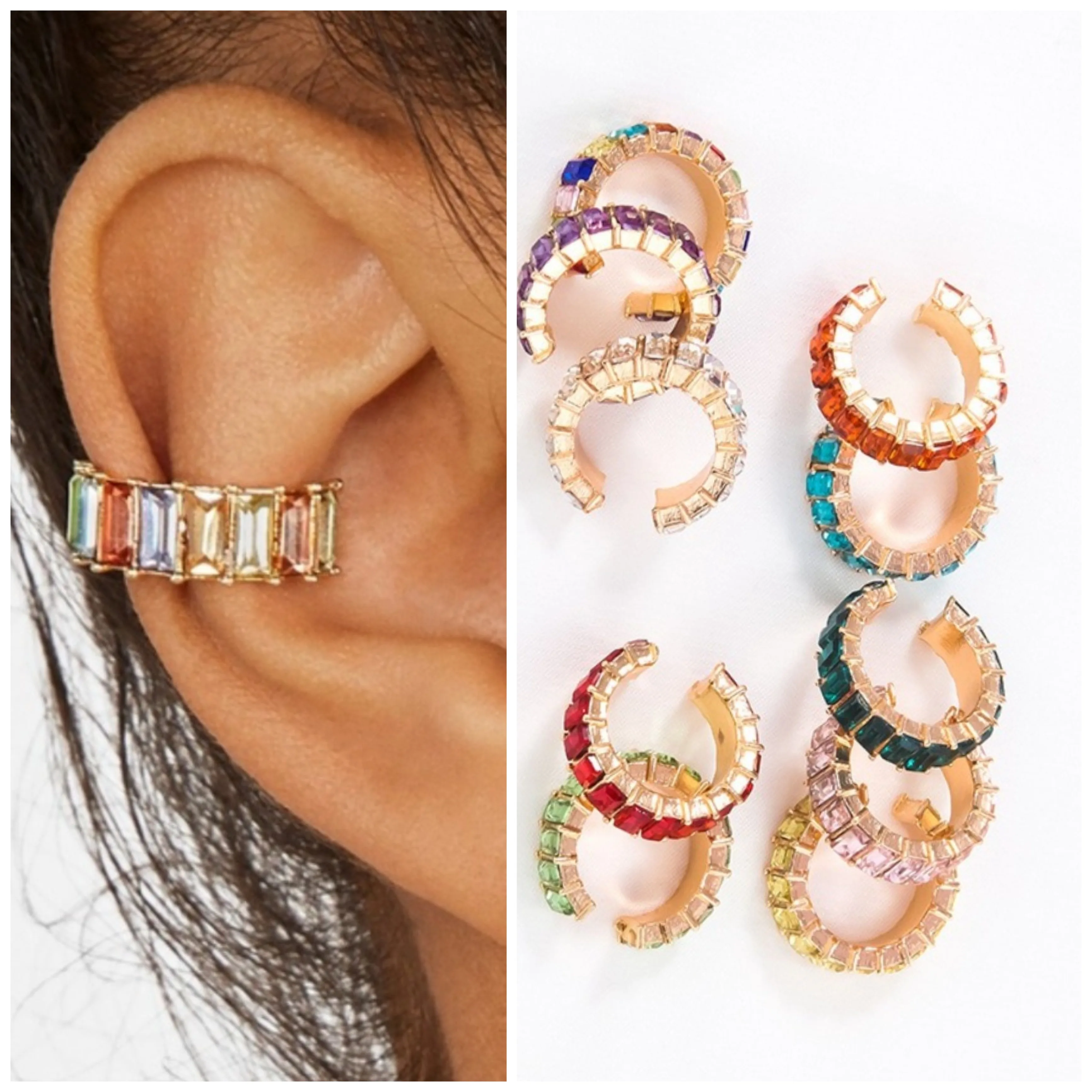 

AMC 1PC Rectangle Rainbow Colors Stone Ear Cuff 18k Gold Plated Zircon Earring Clip for Women no pierced Bridal Wedding Jewelry