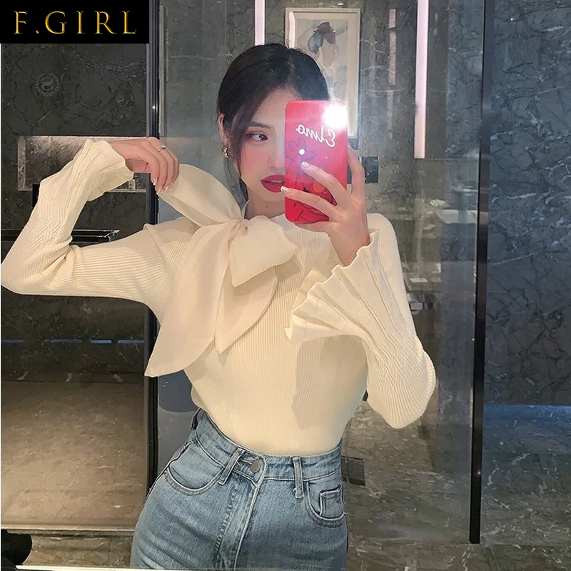 F GIRLS  Women Pullovers Sweater 2022 Korean Elegant Bow Lacing Knitted  Bottoming Jumper Office Ladies Tops Pull