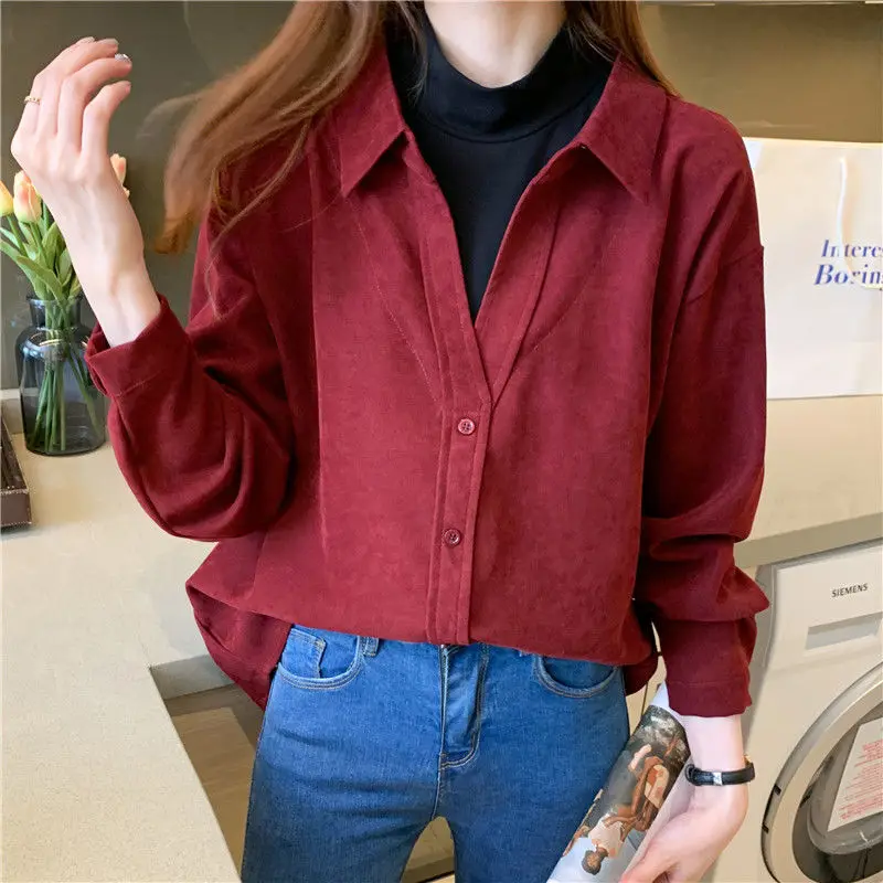 

Corduroy Shirt Long-sleeved Stacked Fake Two-piece Tops Women's 2022 Spring and Autumn Design Niche Loose Brushed Shirt