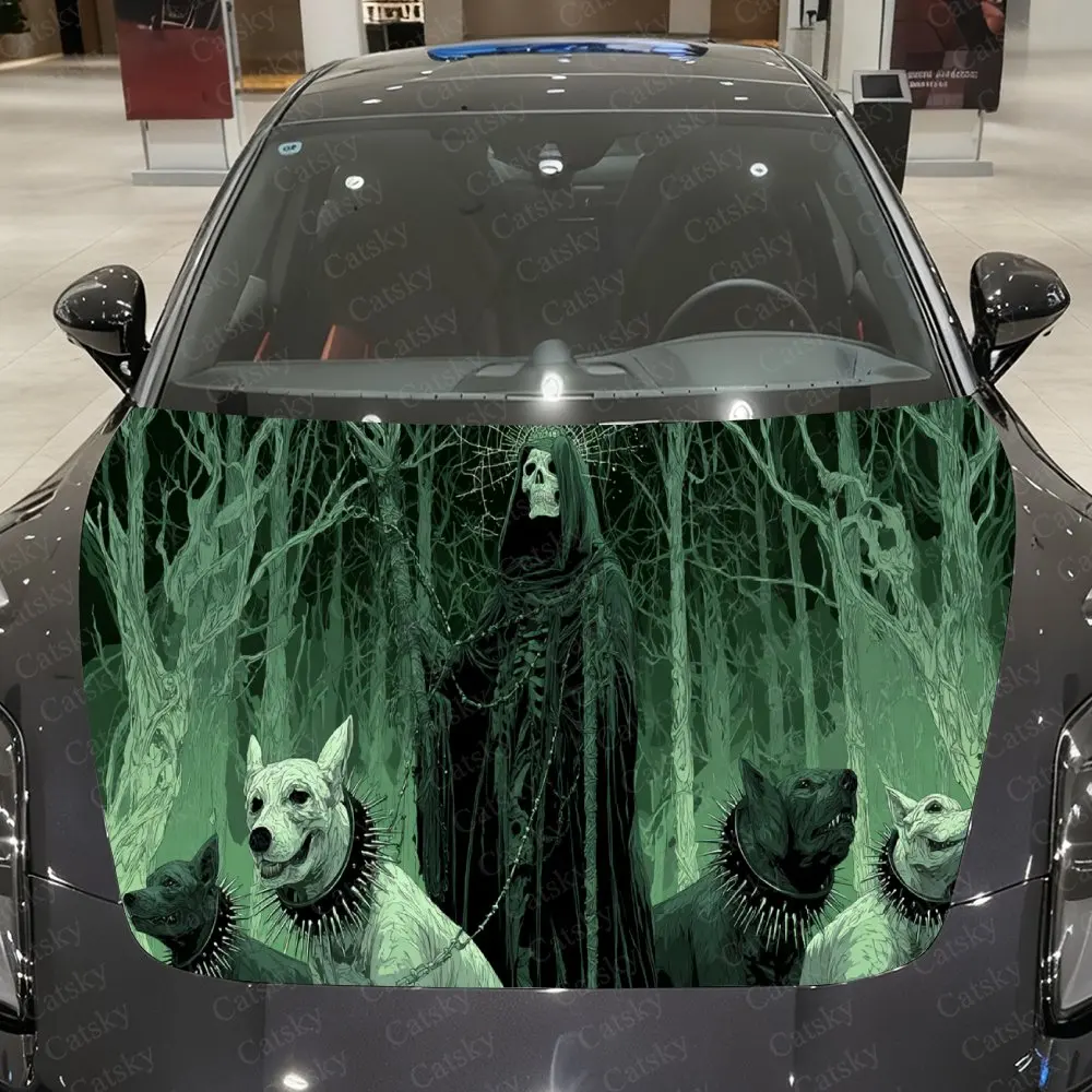 Фото Eerie Forest Green Reaper & Hounds наклейки на капот автомобиля, автомобильные наклейки с декоративным рисунком, самоклеящаяся устойчивая к царапинам палочка для автомобиля №1