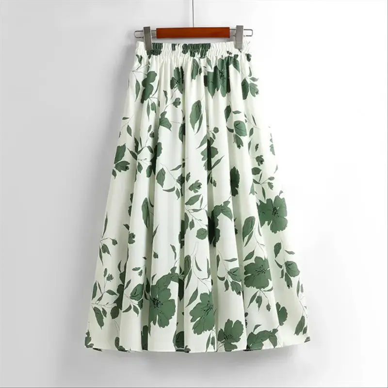 Summer printed skirt women's fresh and sweet white simple chiffon long  high waist A-line   sexy  women clothes  Casual  Floral