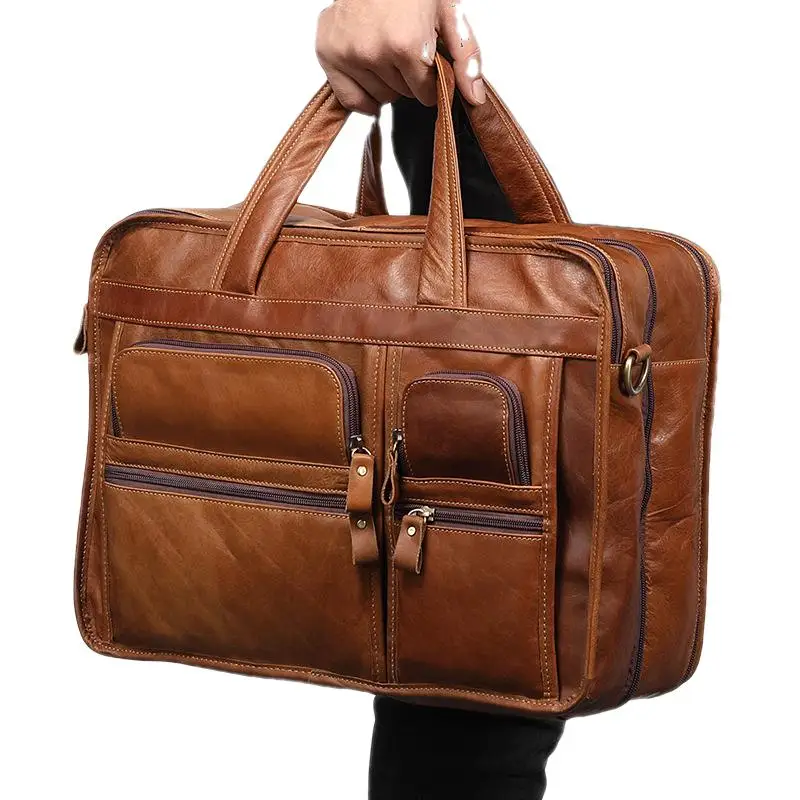 Luxury Genuine Cow Leather Men Briefcase Large Capacity Multi-Function Handbag Office Laptop Bag Male Shoulder Messenger Bag