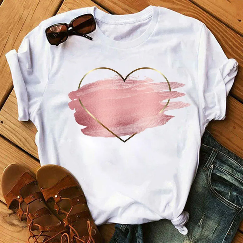 

Heart Flower Print WomenT-shirt Ladies Casual Basis O-collar White Tee Shirt Female Short Sleeve T-shirt Love Graphic Tops Cute