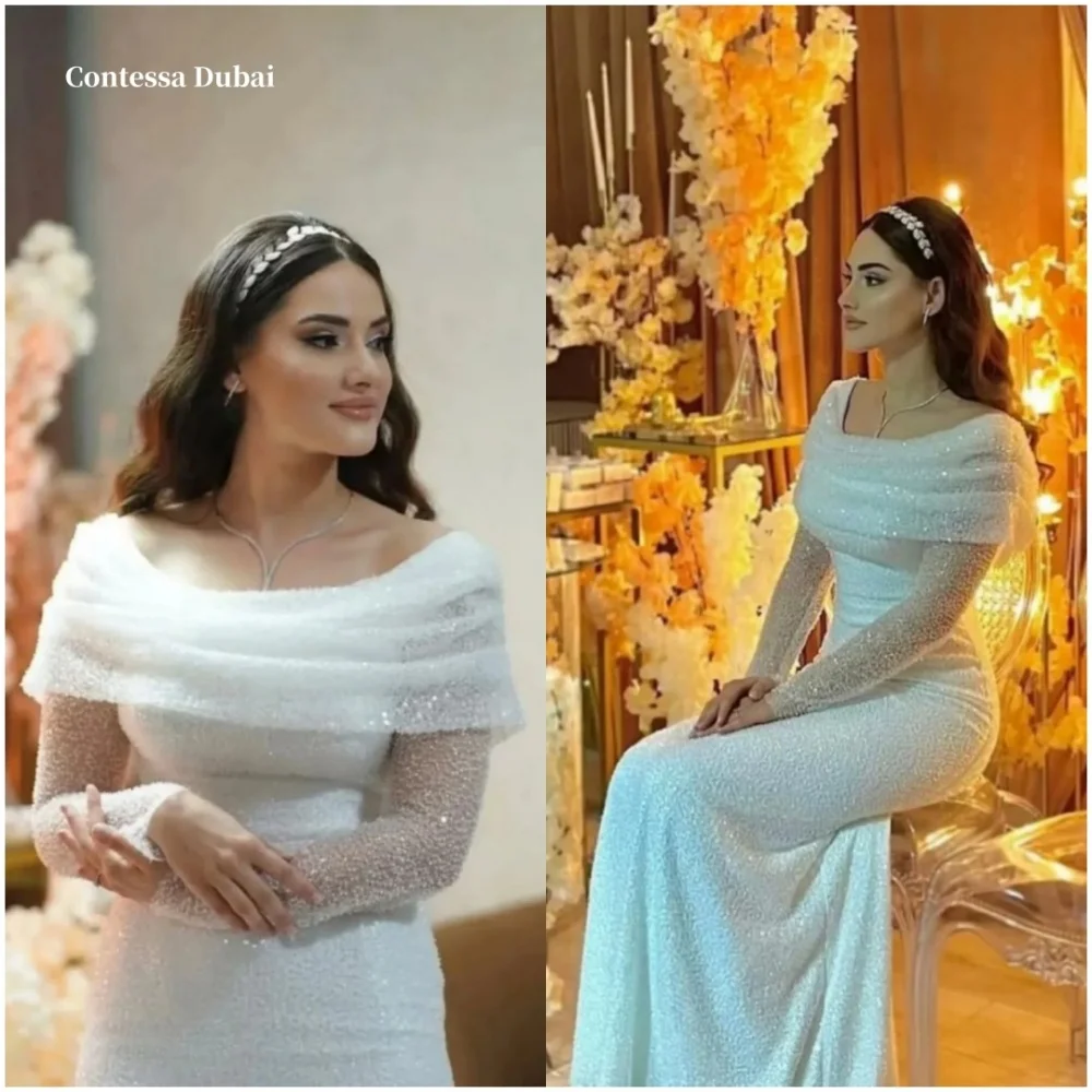 Contessa Dubai Белые платья для выпускного вечера с открытыми плечами и бисером