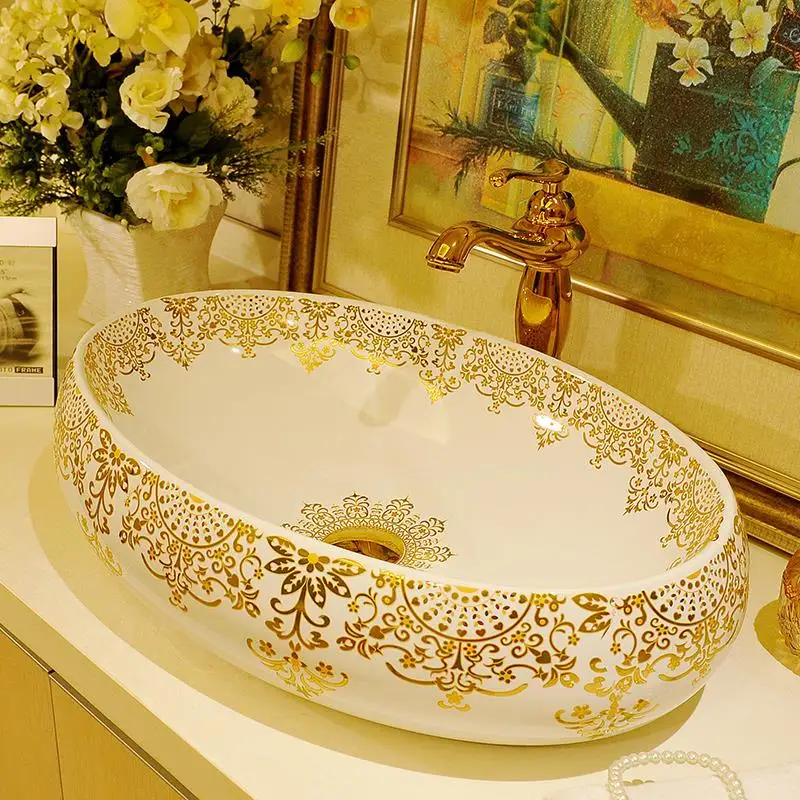 

Gold Pattern Big Oval basin washbasin Jingdezhen Art ceramic wash basin vessel Sinks Countertop Bathroom sinks