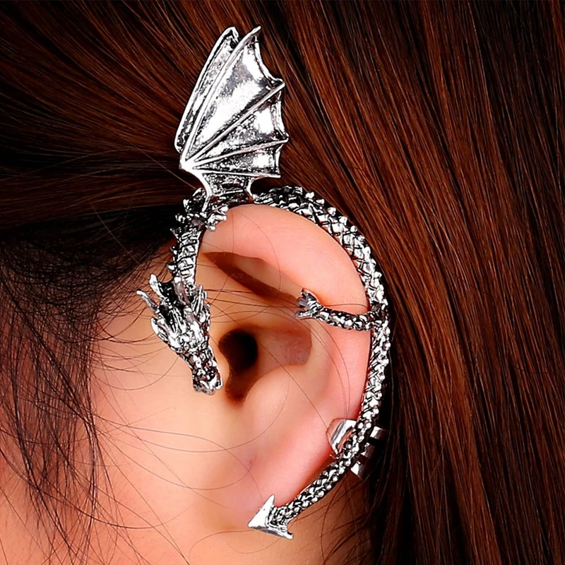 New Classic Vintage C Ear Cuff Clip Ring Black Silver Color Punk Style Oriental Dragon Ear Clip Earrings Women Girls Boys Gift