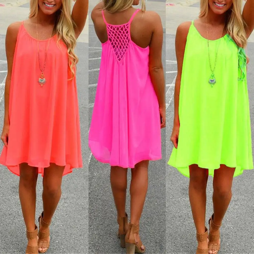 

Women beach dress fluorescence female summer dress chiffon voile women dress 2018 summer style women clothing plus size