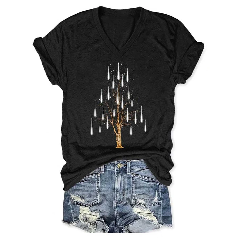 

Женская хлопковая Футболка с V-образным вырезом и принтом рождественской елки Rheaclot