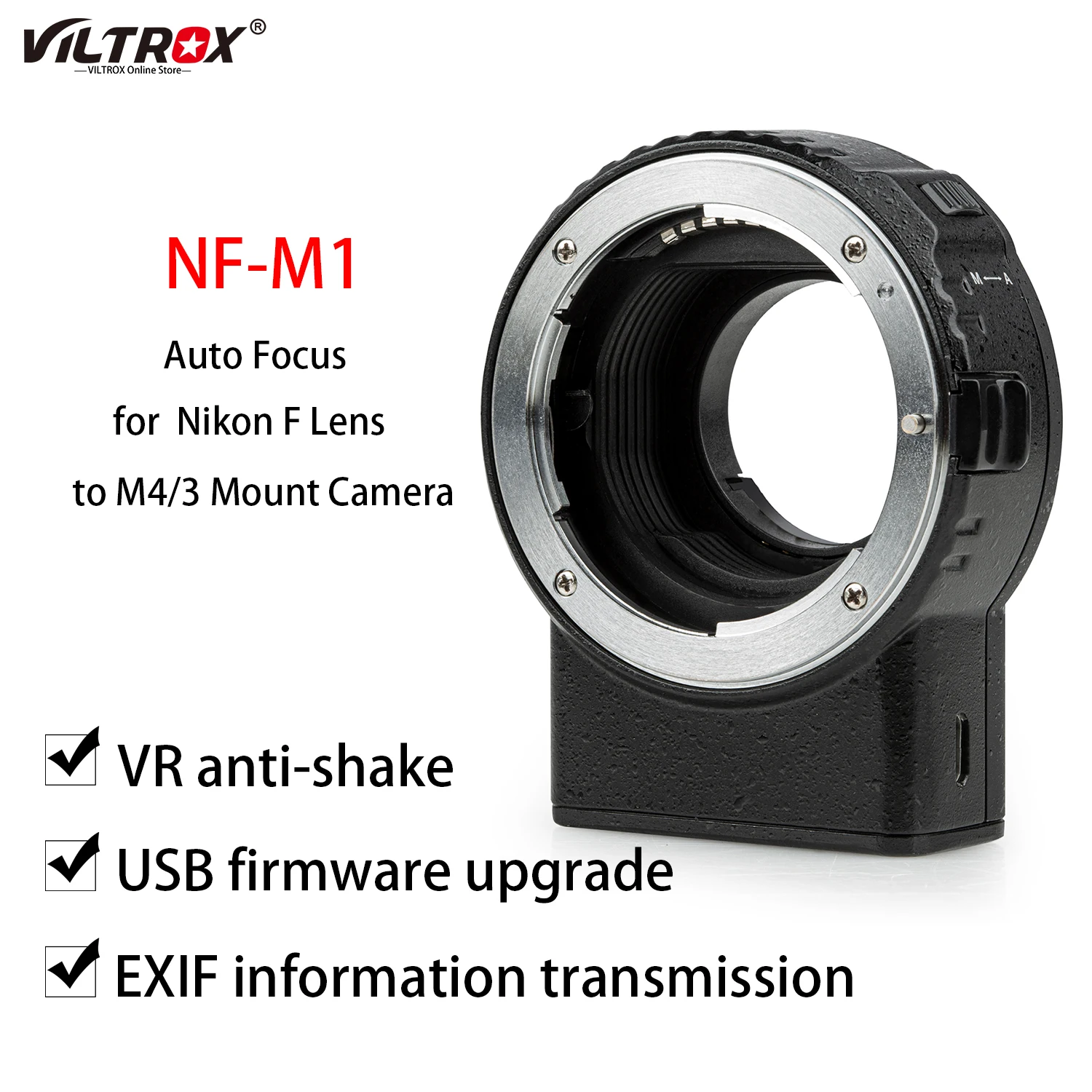Фото Адаптер для крепления объектива Viltrox NF-M1 AF с поддержкой передачи VR EXIF для объектива с креплением Nikon F на камере Micro Four Thirds (MFT, M4/3) №1