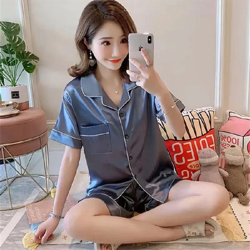 Women Pajamas Sets Summer Sleepwear  Short-Sleeved Ice Silk Night Clothing Cardigan Lapel Simulation Silk Home Service Suit 2022
