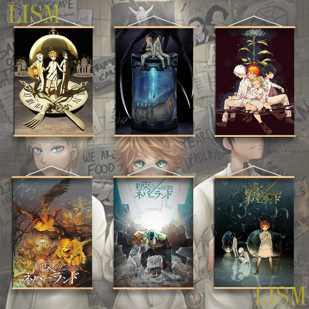 

The Promised Neverland Yakusoku no Neverland Norman Emma Ray Anime manga wall Poster solid wood hanging scroll canvas painting