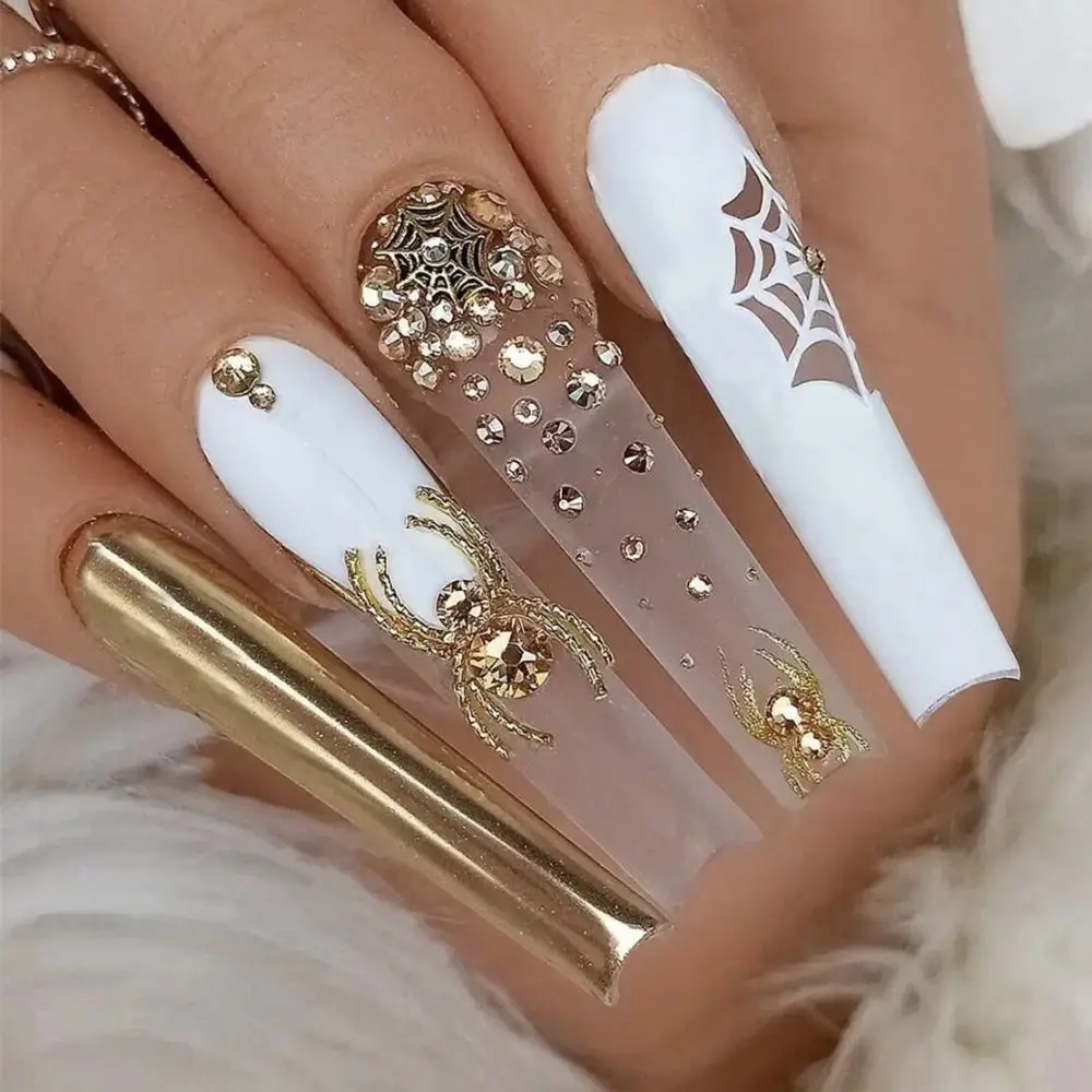 

Накладные ногти на Рождество, Хэллоуин, Длинные балерины, гвозди, пауки, хрустальные накладные ногти, полное покрытие, сделай сам, нажимные н...