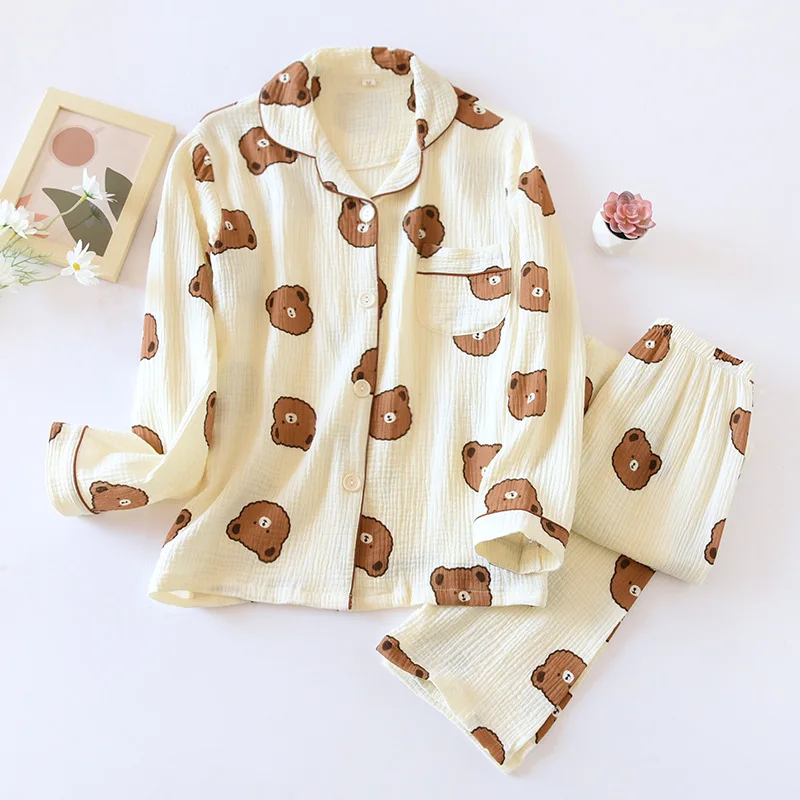 Couple Pajamas Suit Men Thin Long-sleeved Spring Washed Cotton Crepe Lapel  Autumn Trousers Women Cartoon Two-piece Home Clothes