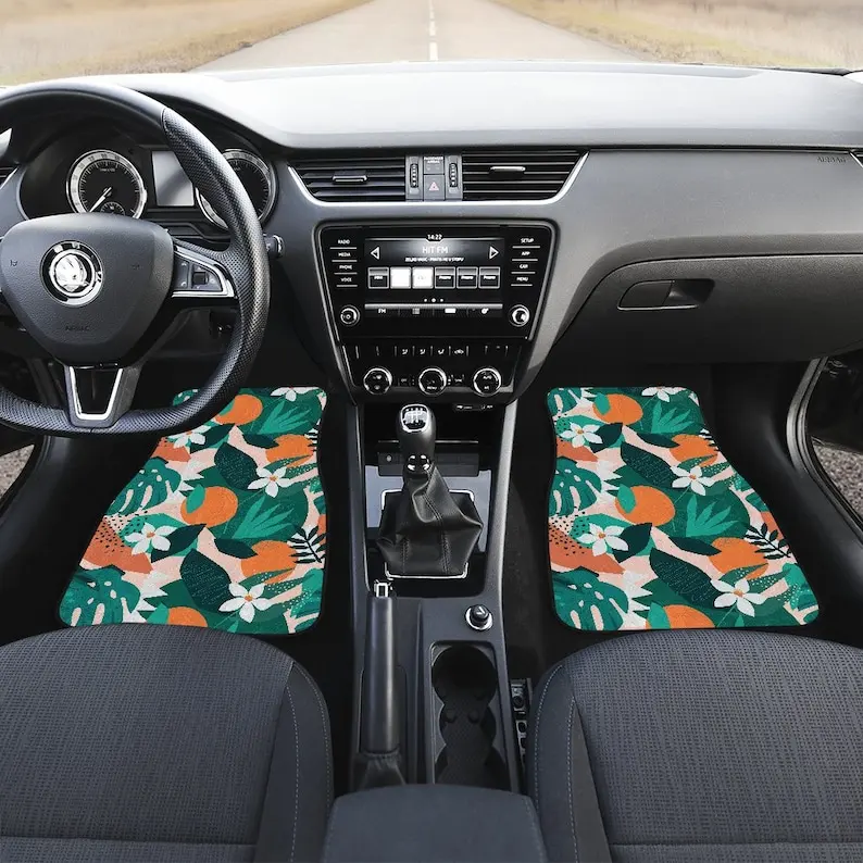

Orange Green Floral Flowers Car Floor Mats Set, Front and Back Floor Mats for Car, Car Accessories