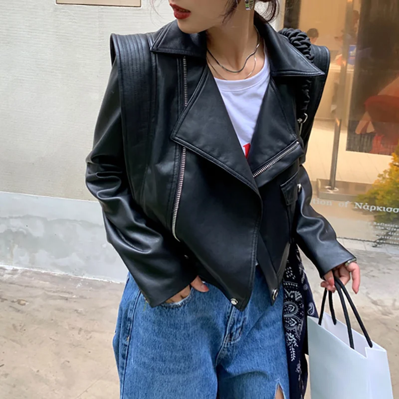 

Top layer sheepskin 2023 Spring and Autumn New Genuine Leather Motorcycle Jacket Lapel Coat Zipper Design Slim Fit Leather Coat