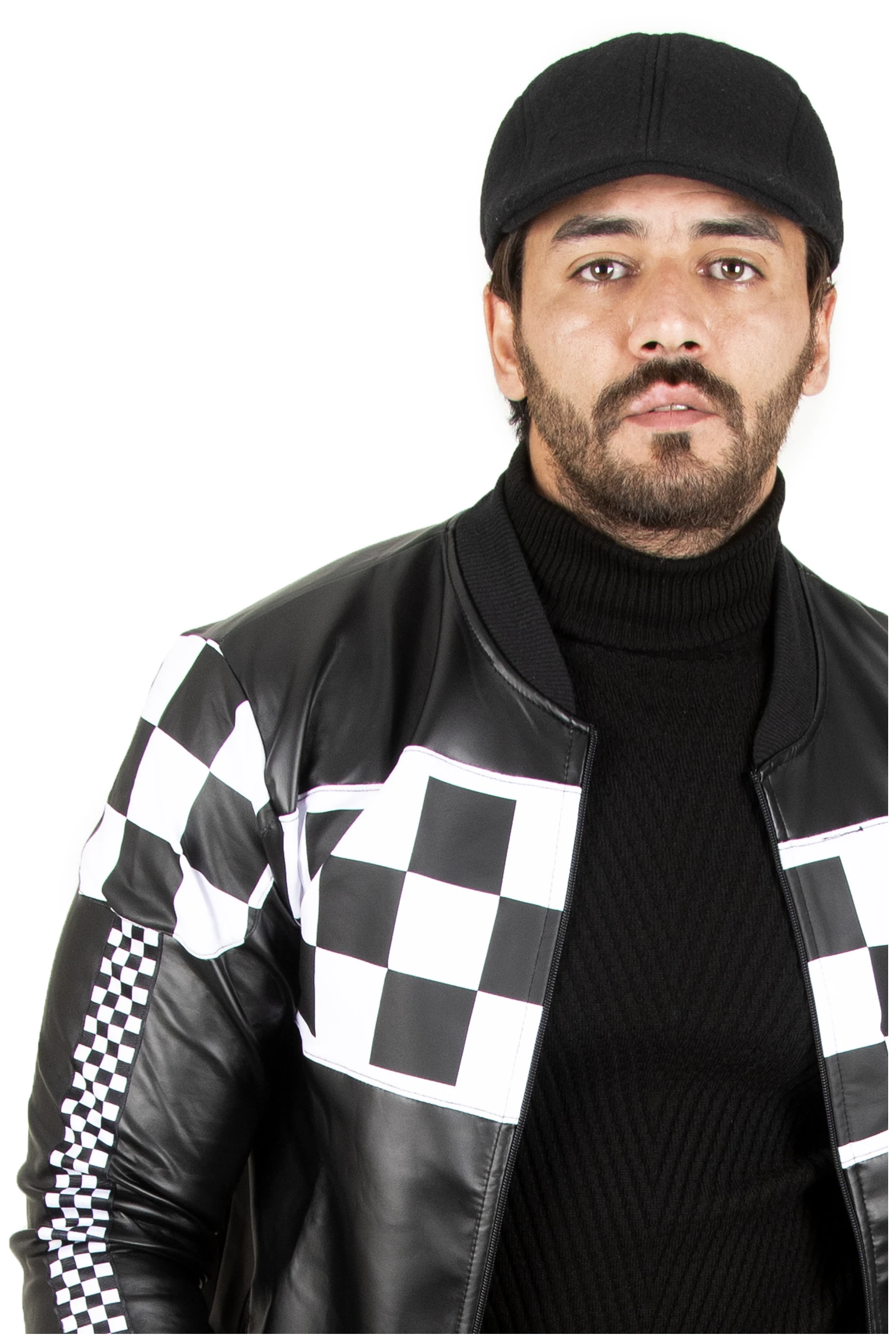 DeepSEA Checkerboard Embossed Zipper Leather Coat 2100182