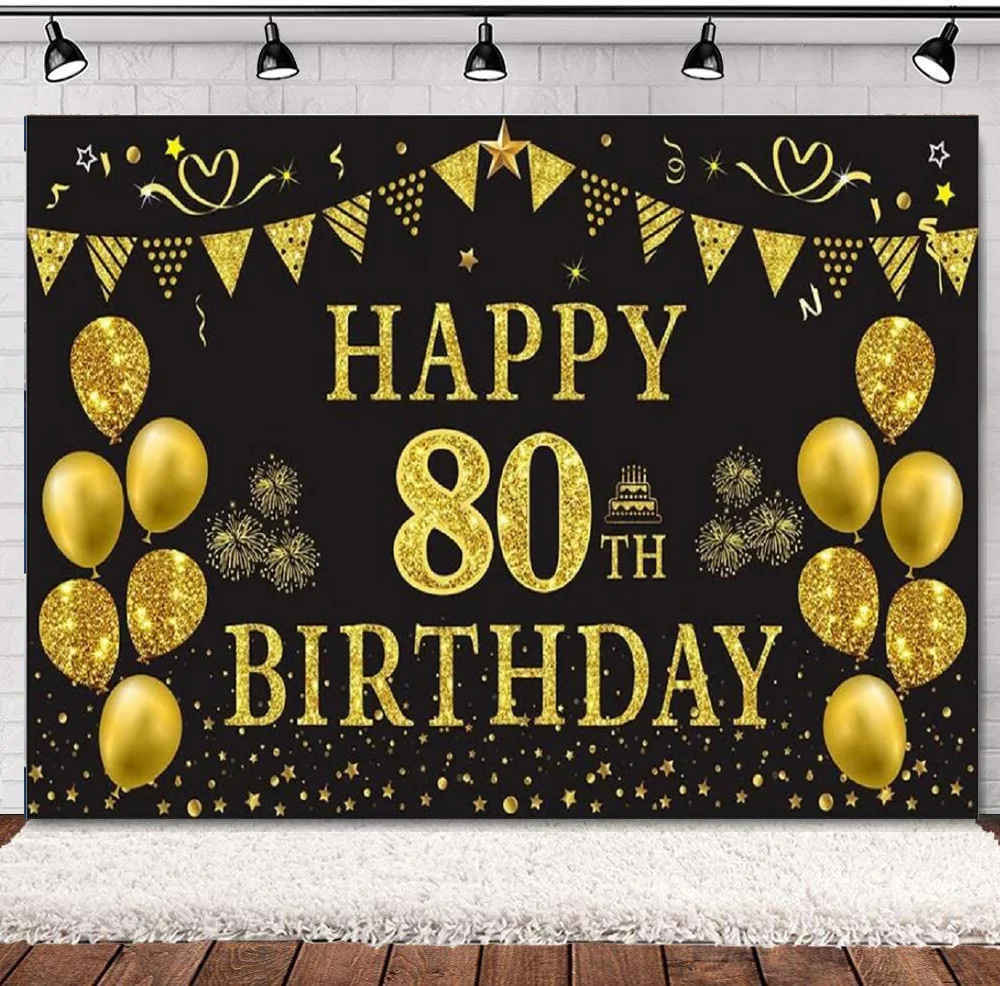 

Photography Backdrop Gold And Black Happy 80th Birthday Party Decorations Banner For Women Men Supplies Background Banner Poster