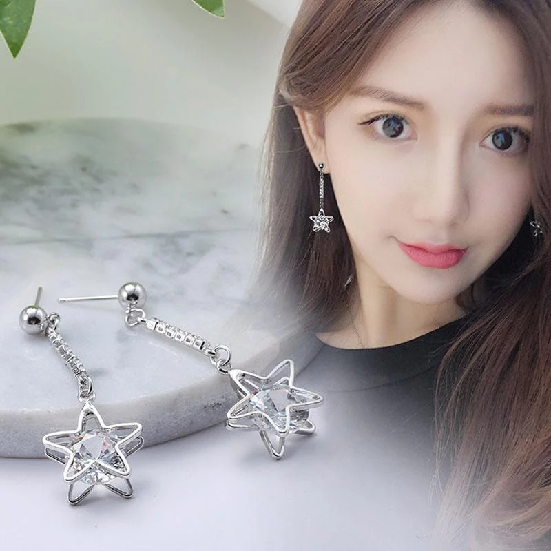 

1Pair Crystal Star Dangle Pendant Ear Ring Platinum Plated Piercing Ear Stud Earring