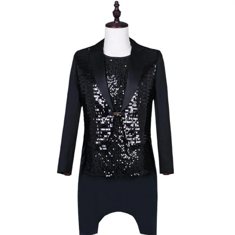 

Host Blazer men tuxedo suit sequins jackets mens wedding suits costume black singer star style stage clothing formal dress B243