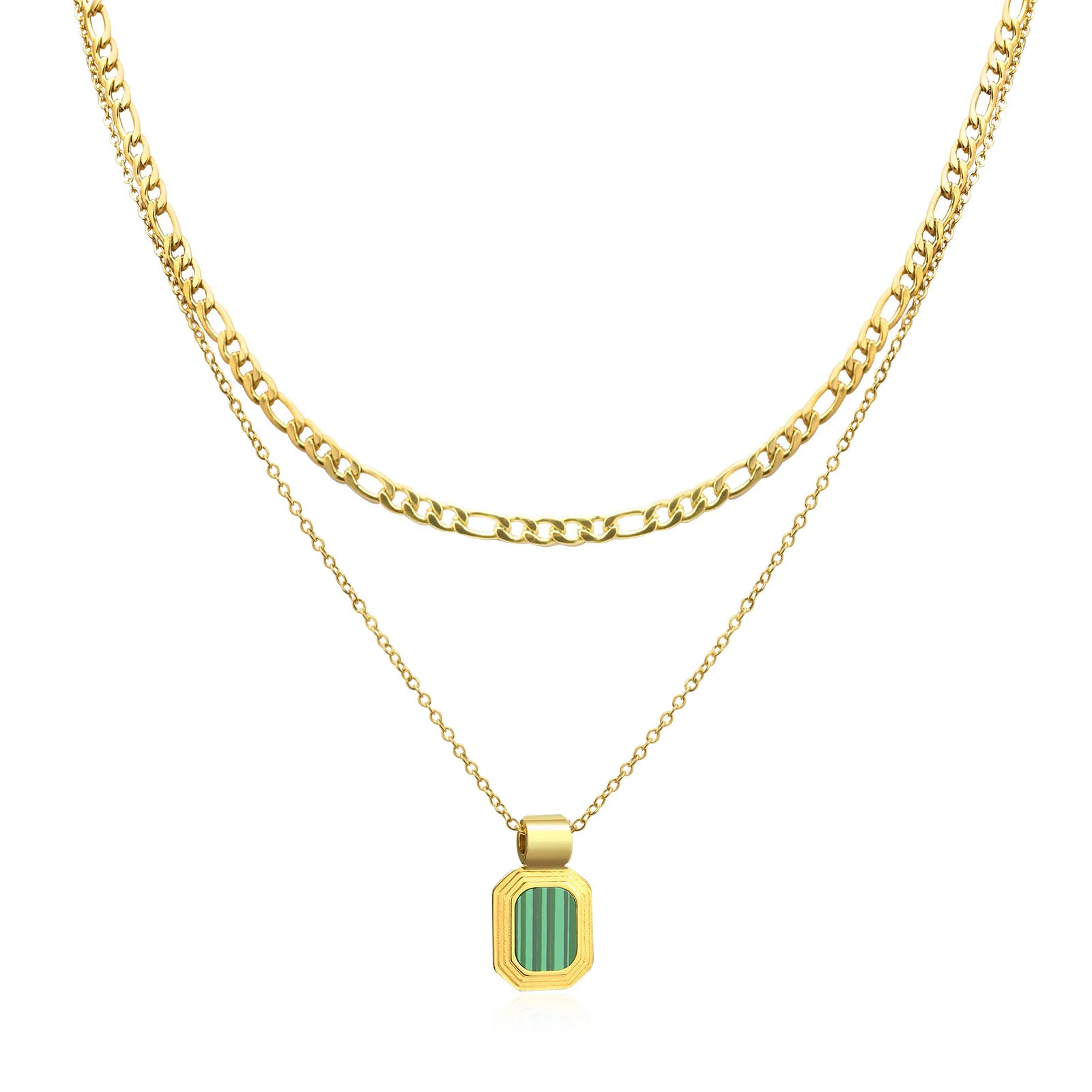 

Layered Charm Neckace 2pieces Set , Stainless Steel Rectangular Green Stone Pendant for Women, Party Jewelry