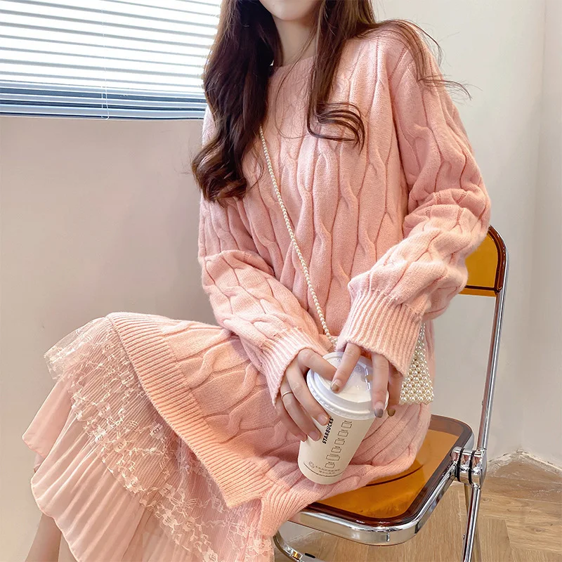

Lace stitching sweater dress women's lazy style loose Korean style Western style twist sweater outer wear all-match dress