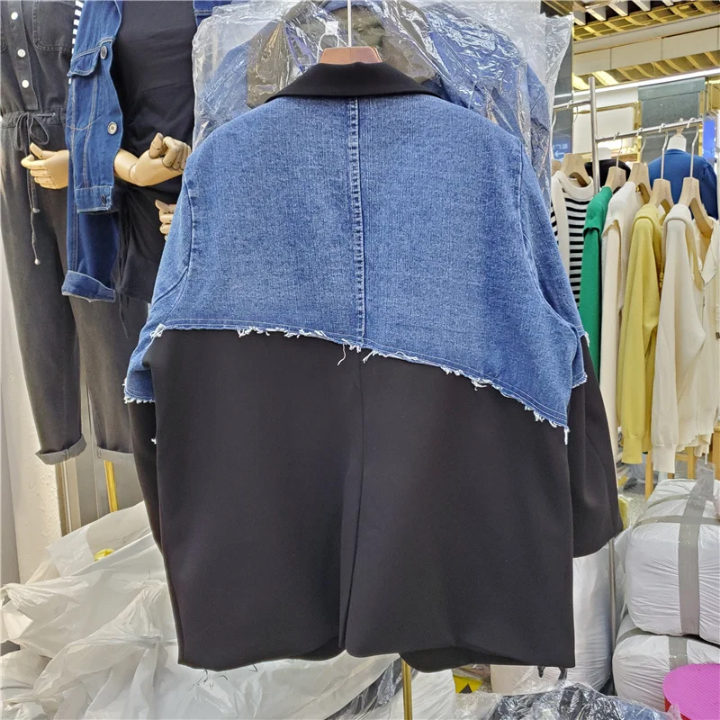 

Black Korean Denim Patchwork Blazer Coat Women Sleeve Big Pocket Outerwear Female Loose Mid Long Jeans Splicing Suit Jacket
