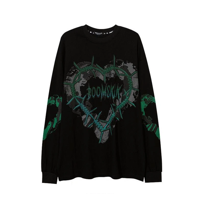 

Women Print Long Sleeve T-shirts Women Grunge Oversize Harajuku Streetwear Hippie O-neck Black Top Pullover