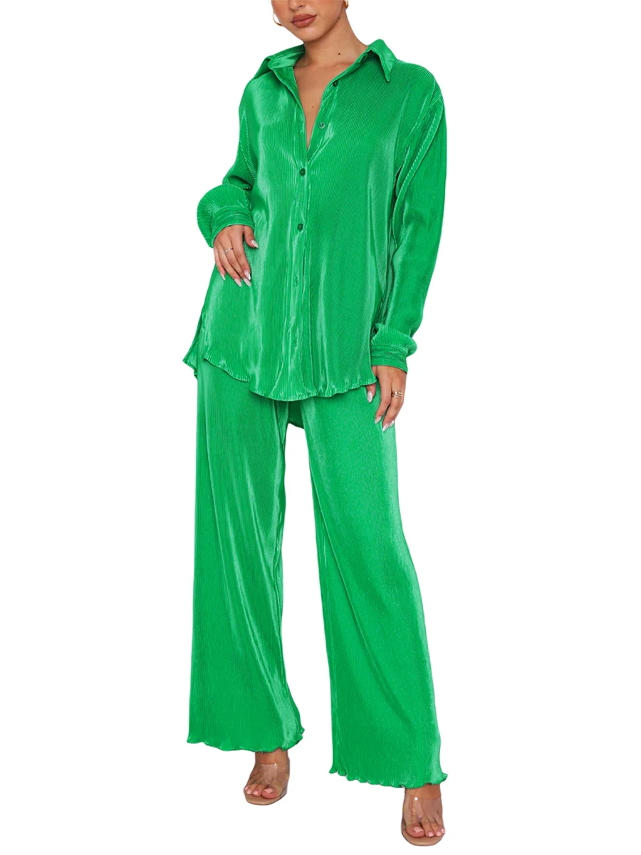 

Женский повседневный комплект одежды из 2 предметов, блузка с длинным рукавом на пуговицах, рубашка, широкие штаны, комплекты одежды для отд...