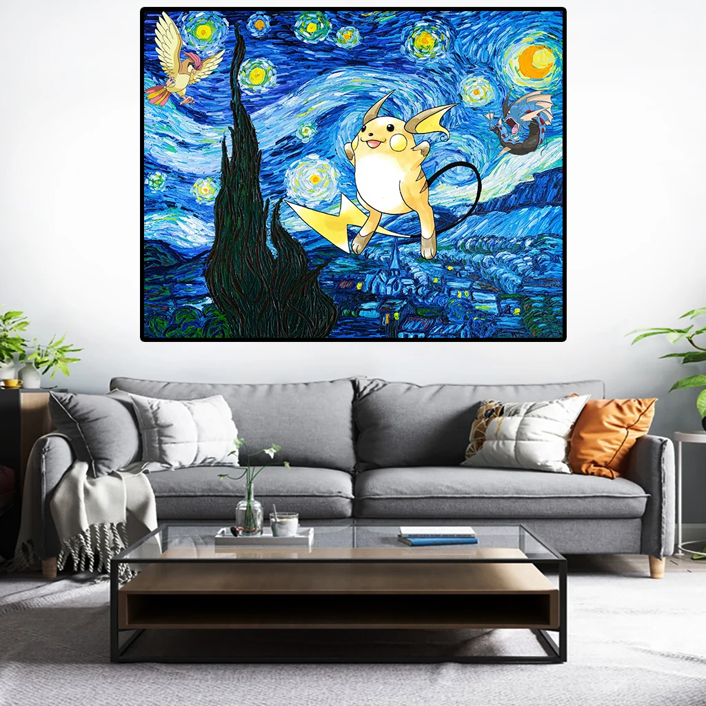 

Van Gogh Starry Night Pokemon Canvas Painting Abstract Art Posters and Prints Wall Art Pictures Living Room Decor Bedroom Decor