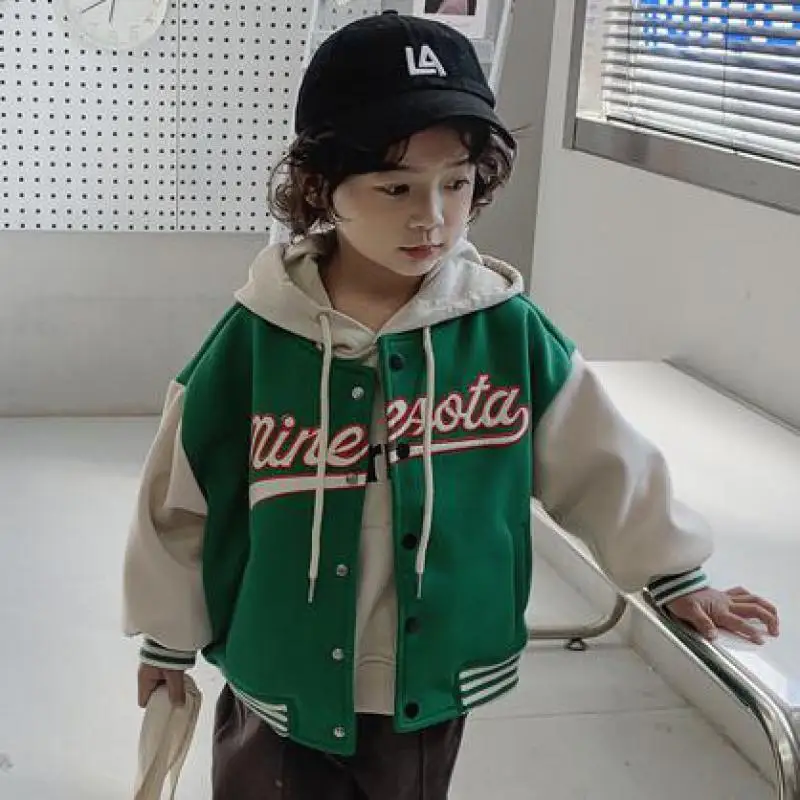 

Children's Clothes Letter Jackets Spring 2022 New Letter Embroidered Stitching Boy Baseball Coat Baby Girl Single-breasted Coat
