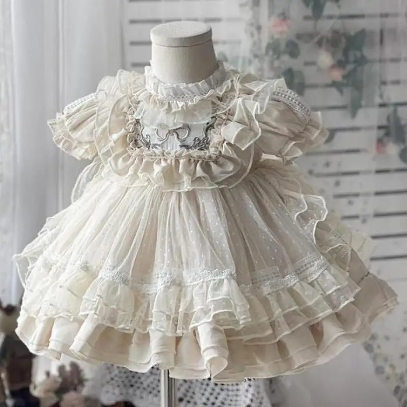 Girls Spring Summer Cream Puff Short Sleeve Fluffy Lolita Dress Princess Dress Wedding Flower Girl Beige Dresses Party Dress