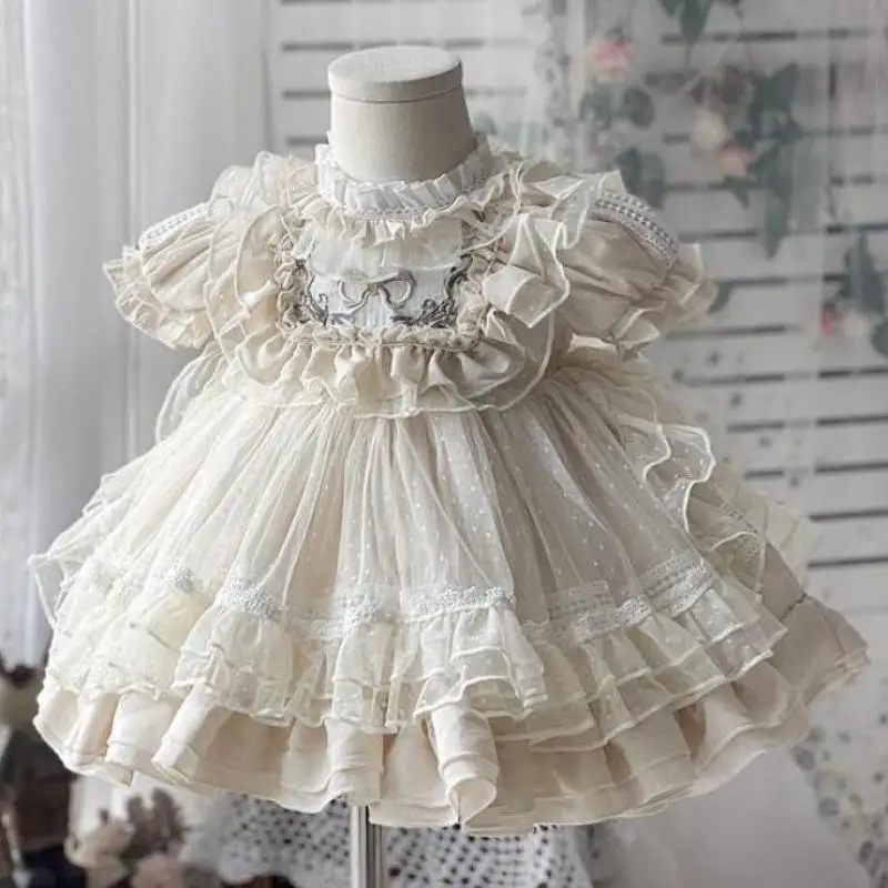 

Girls Spring Summer Cream Puff Short Sleeve Fluffy Lolita Dress Princess Dress Wedding Flower Girl Beige Dresses Party Dress