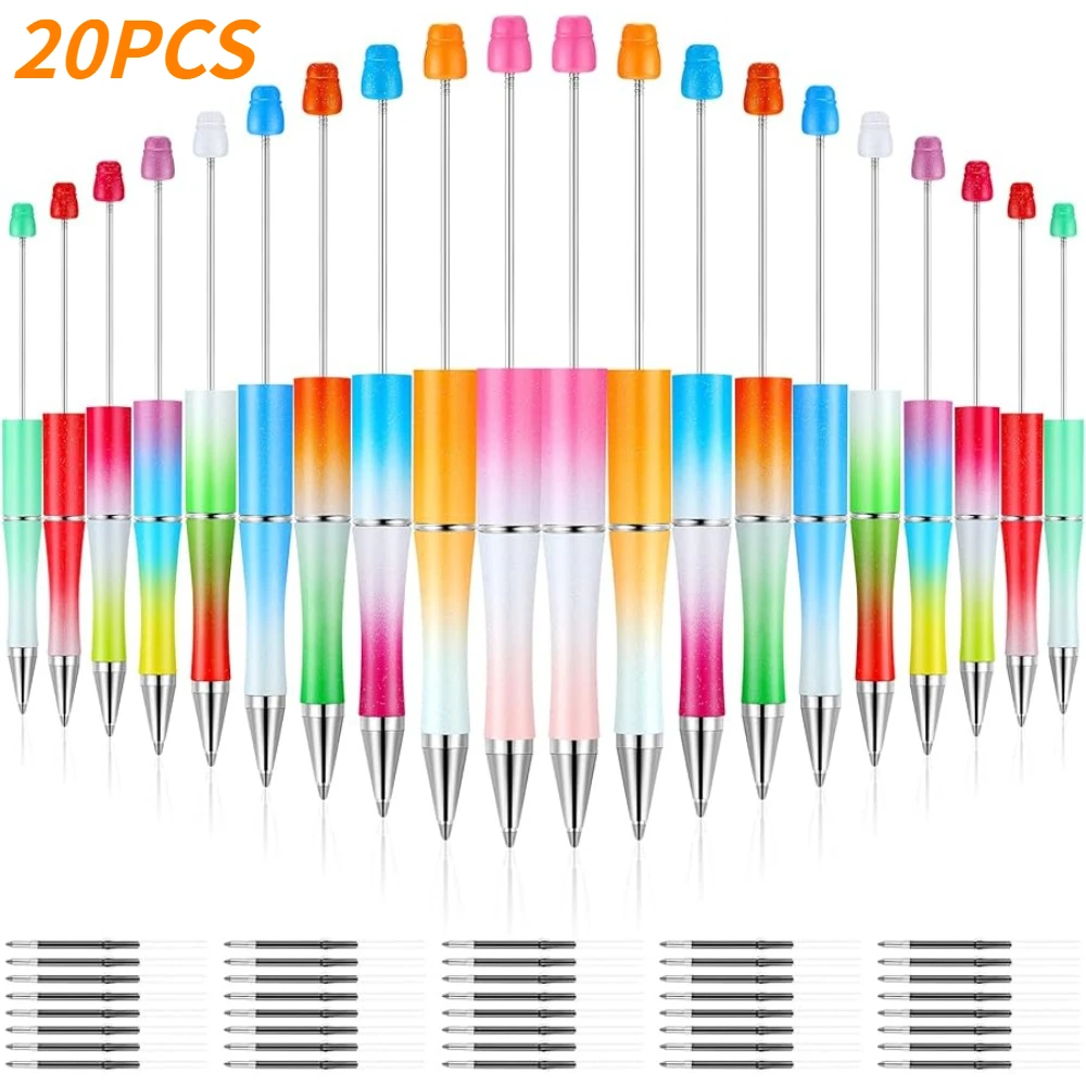 

20 Pcs Plastic Beadable Pen Bead Ballpoint Pen Shaft Black Ink Rollerball Pen with Extra Refills for Kids Students Office School