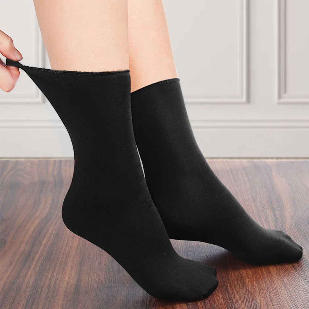 3 Pairs Winter Warm Women Socks Solid Color Thicken Thermal Socks Soft Plus Velvet Socks Casual Snow Socks Home Floor Black Sock