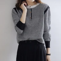 womens half open collar gold silk black and white grid spring and autumn round collar korean fashion versatile knitted pullover