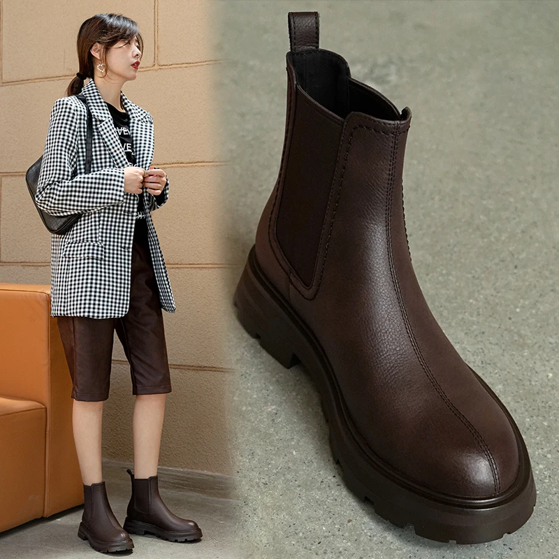 

NewCurve Short Boots Women Fashion Cow Split Leather Round Toe Elastic Band Chelsea Shoes Women's Shoes Female Work Boots
