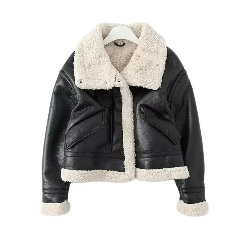 Enlarge 2022 Fashion Women Winter Thick Warm Faux Leather Fur Jackets Coats Vintage Long Sleeve Flap Pockets Female Outerwear Chic Tops