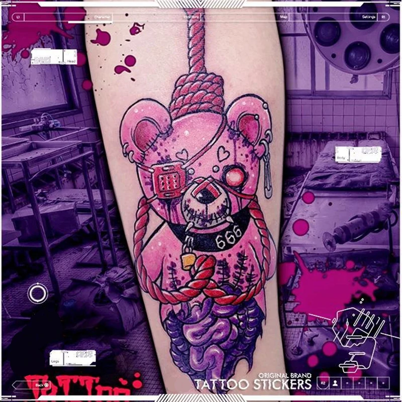 

Sdotter Hot Dark Pink Bear Tattoo Stickers Female Waterproof Cartoon Horror Pattern Body Art Flower Arm Fake Temporary Tattoos S