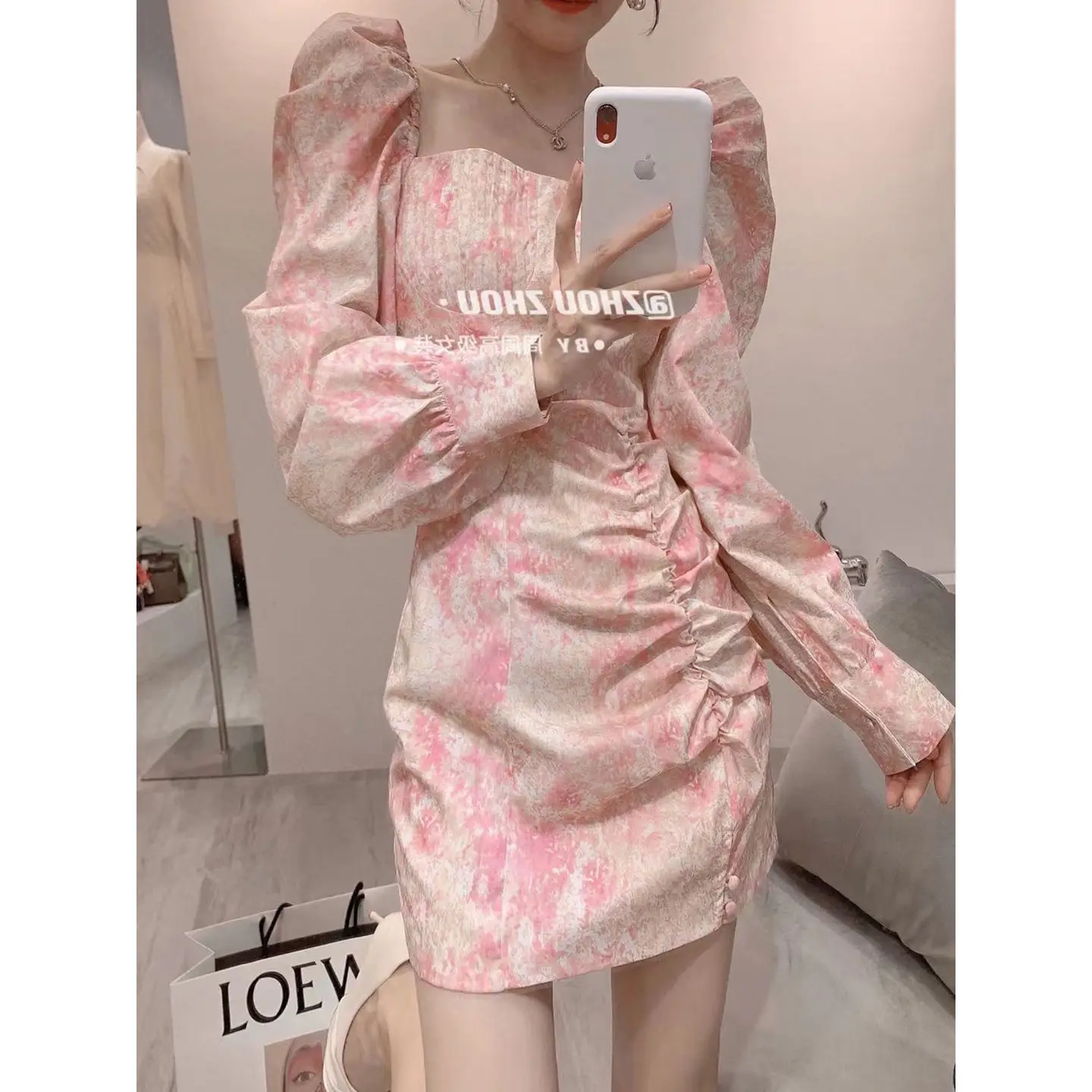 

Early Spring Fashion Retro Design Sense Pink Long Sleeve Thin Small Fragrance Dress Temperament French Vestido Feminino Female
