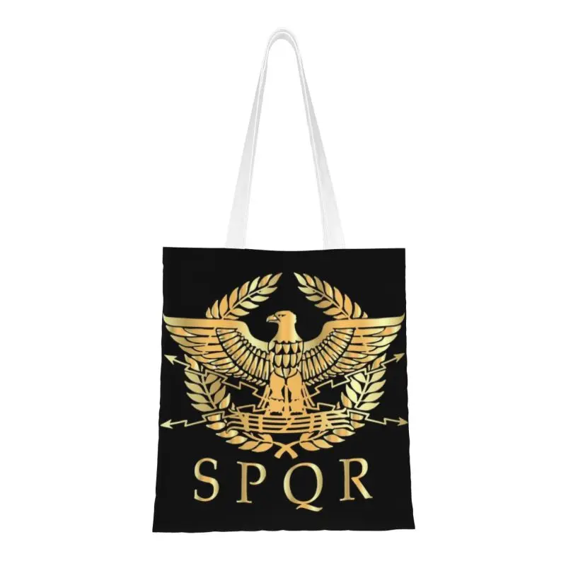 

Custom Vintage Gold Roman Empire Byzantine Eagle Emblem Canvas Shopping Bags Women Durable Grocery Rome SPQR Tote Shopper Bags
