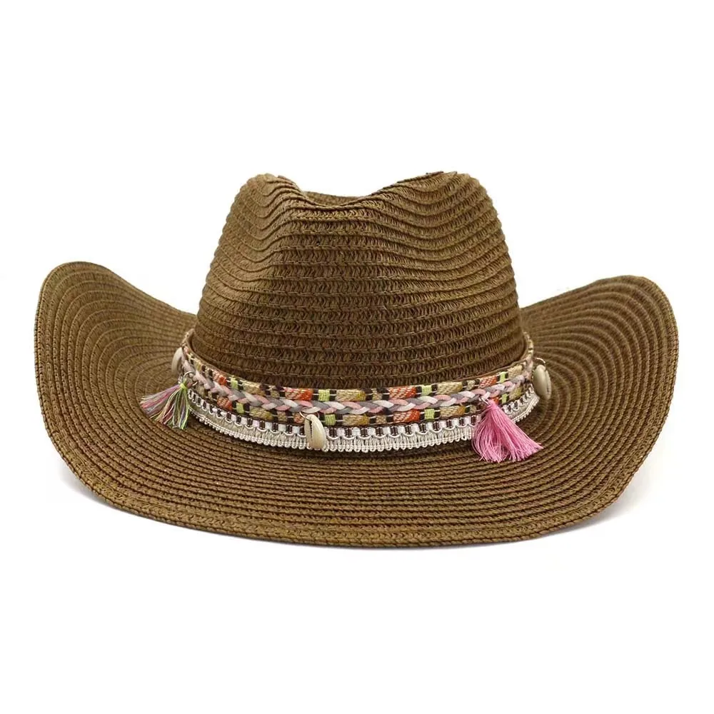 

Wholesale Women Pink Tassel Cowboy Hat Floppy Beach Hats Summer Straw Hats Ladies UV Protection Hat Panama Sun Hat