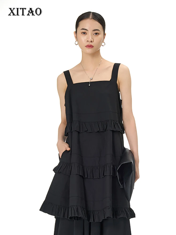 

XITAO A-line Ruffles Tanks Top Solid Color Loose Fashion Square Neck Sleeveless Pullover Tee 2023 Summer Simplicity New DMJ1697