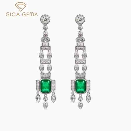 

GICA GEMA 925 Sterling Silver 8*10mm Synthesis Emerald High Carbon Diamond Drop Earrings For Women Sparkling Party Fine Jewelry