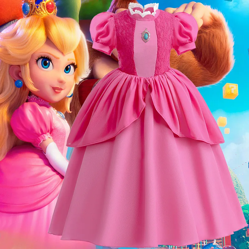 

2023 Princess Peach Costume for Girls Super Brother for Kids Halloween Dress Puff Sleeve With Crown Gloves