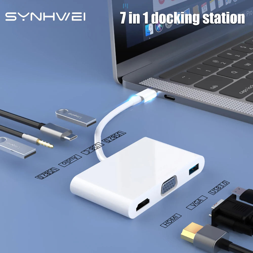 7 in 1 USB C Hub Type-C To HDMI-4K VGA 1080P 3.5MM AUX PD Charge USB 3.0 For Macbook Accessories Dock Staotion Switch Adapter