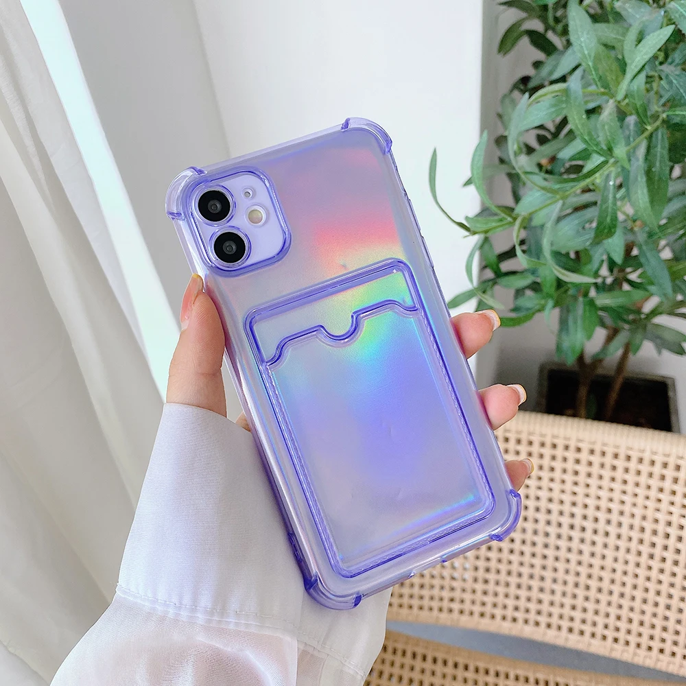 Laser Transparent Card Bags Case for IPhone 11 12 13 Pro Max XR X XS Max 8 7 14 Plus Silicone Shockproof Phone Cover Coque Funda