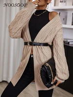 noosgop solid khaki light brown h shape knee length loose open cardigan sweater long sleeves winter cable pattern knit clothing