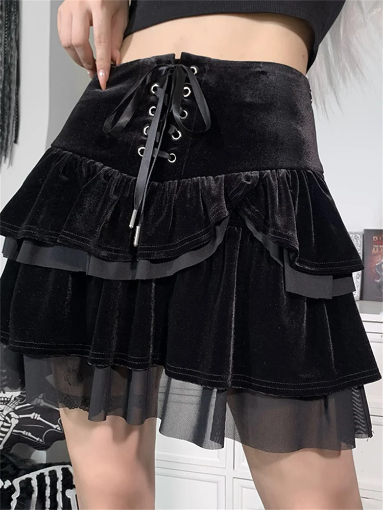 

hirigin Gothic Mini Pleated Skirts E-girl Velvet Black Ruffles Skirts Harajuku Grunge High Waist Lace Up Mesh Sheer Skirts Y2K